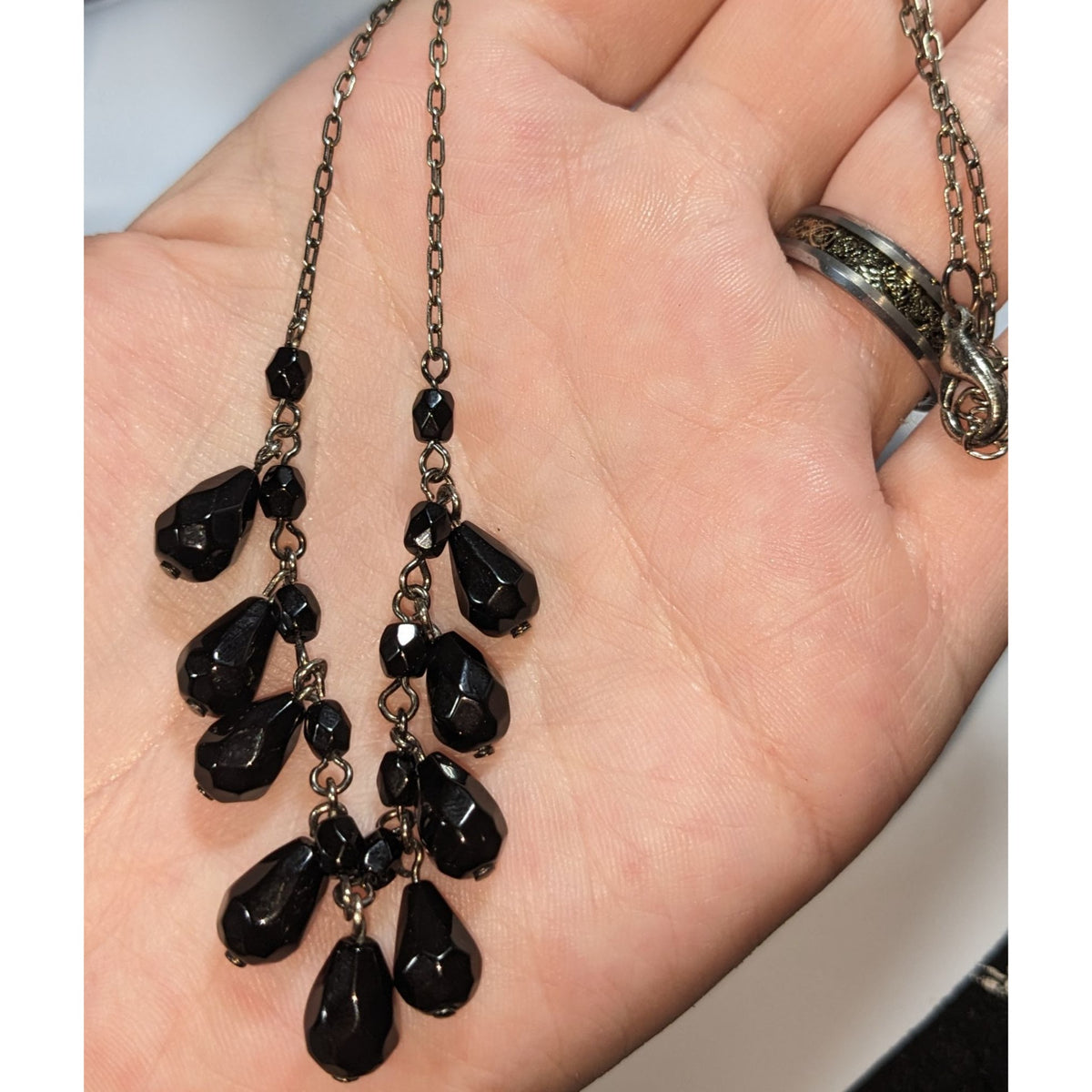 Gothic Glam Glass Black Teardrop Fringe Necklace 15 Inch