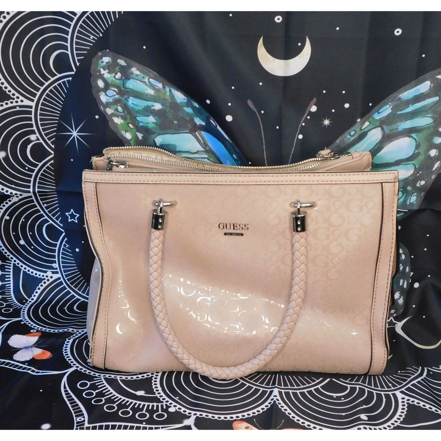 Guess Pink Beige Monogram Handbag With Braided Handles