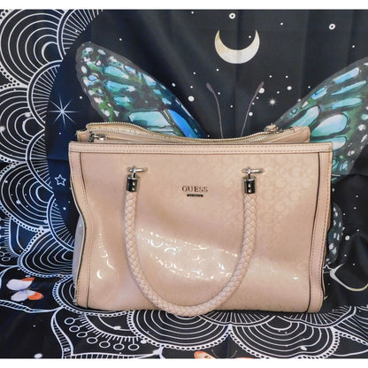 Guess Pink Beige Monogram Handbag With Braided Handles