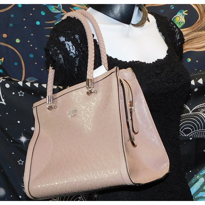 Guess Pink Beige Monogram Handbag With Braided Handles