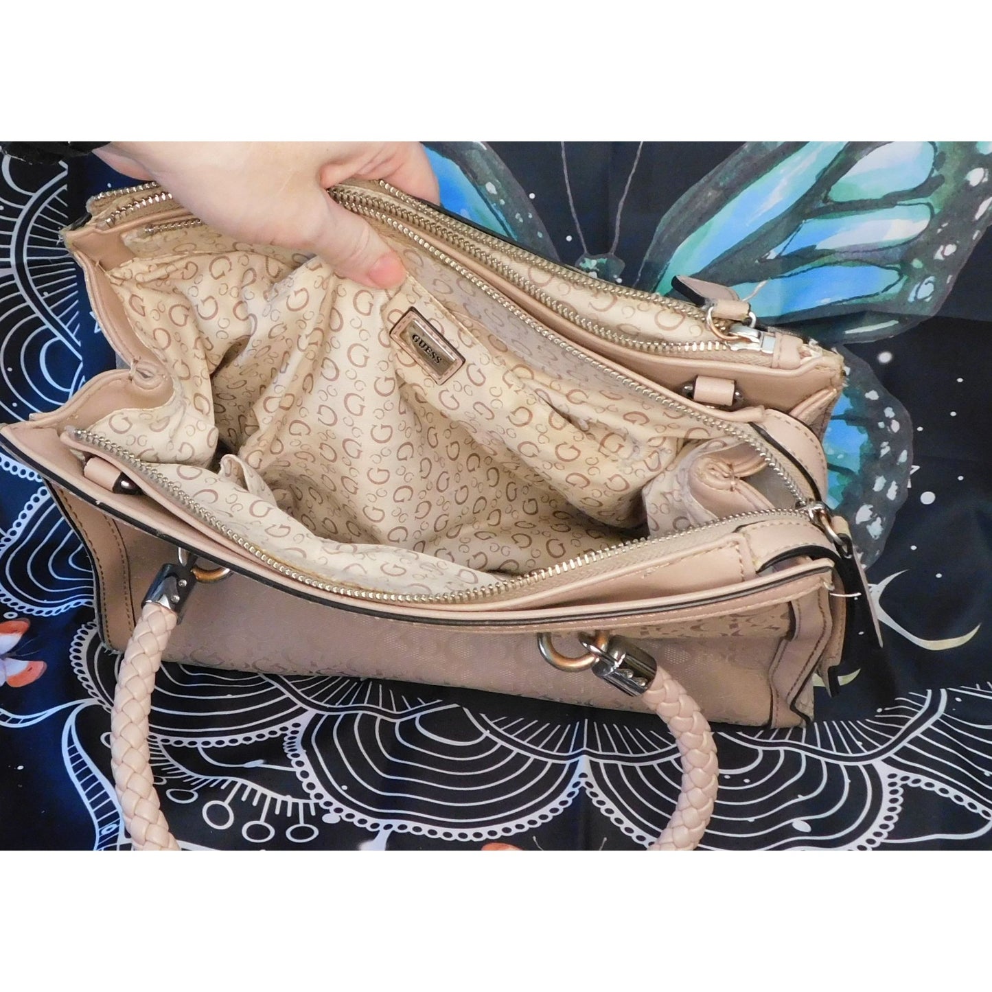 Guess Pink Beige Monogram Handbag With Braided Handles