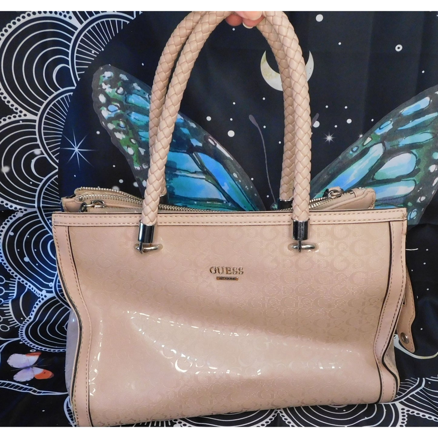 Guess Pink Beige Monogram Handbag With Braided Handles