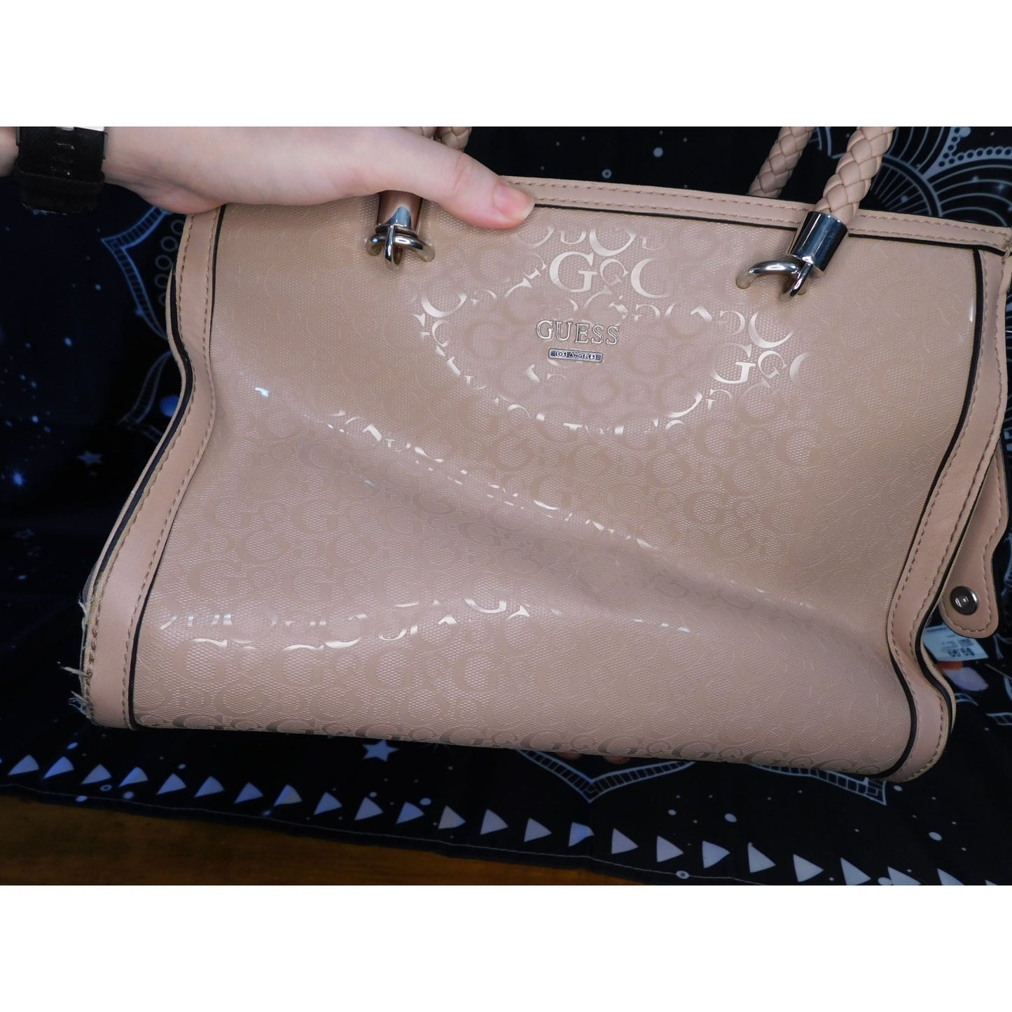 Guess Pink Beige Monogram Handbag With Braided Handles