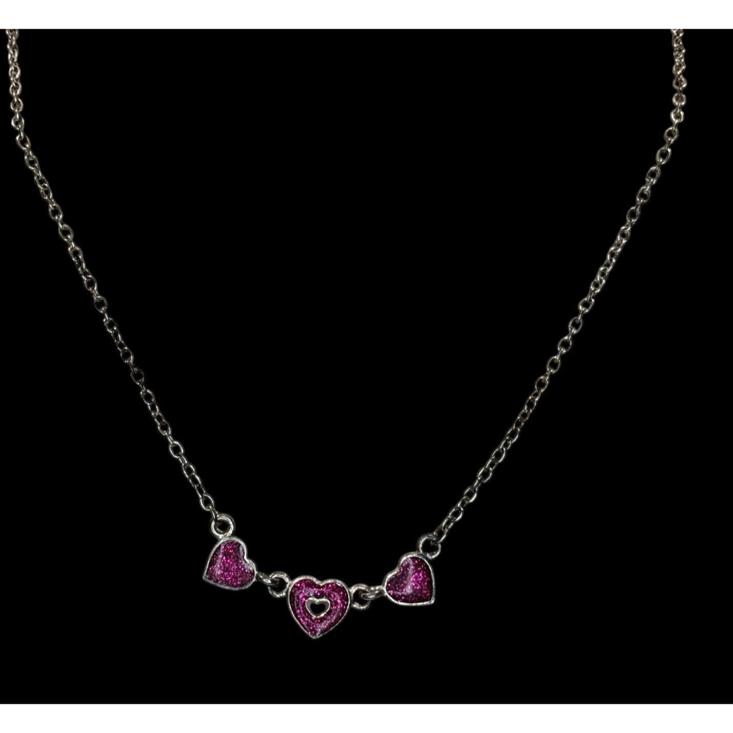 Y2K Triple Heart Charm Necklace Pink Glitter Enamel Silver Coquette Cute Kawaii
