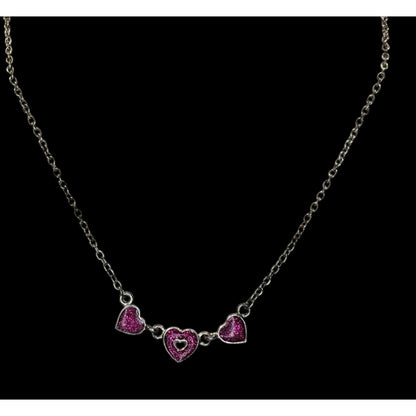 Y2K Triple Heart Charm Necklace Pink Glitter Enamel Silver Coquette Cute Kawaii