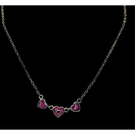 Y2K Triple Heart Charm Necklace Pink Glitter Enamel Silver Coquette Cute Kawaii