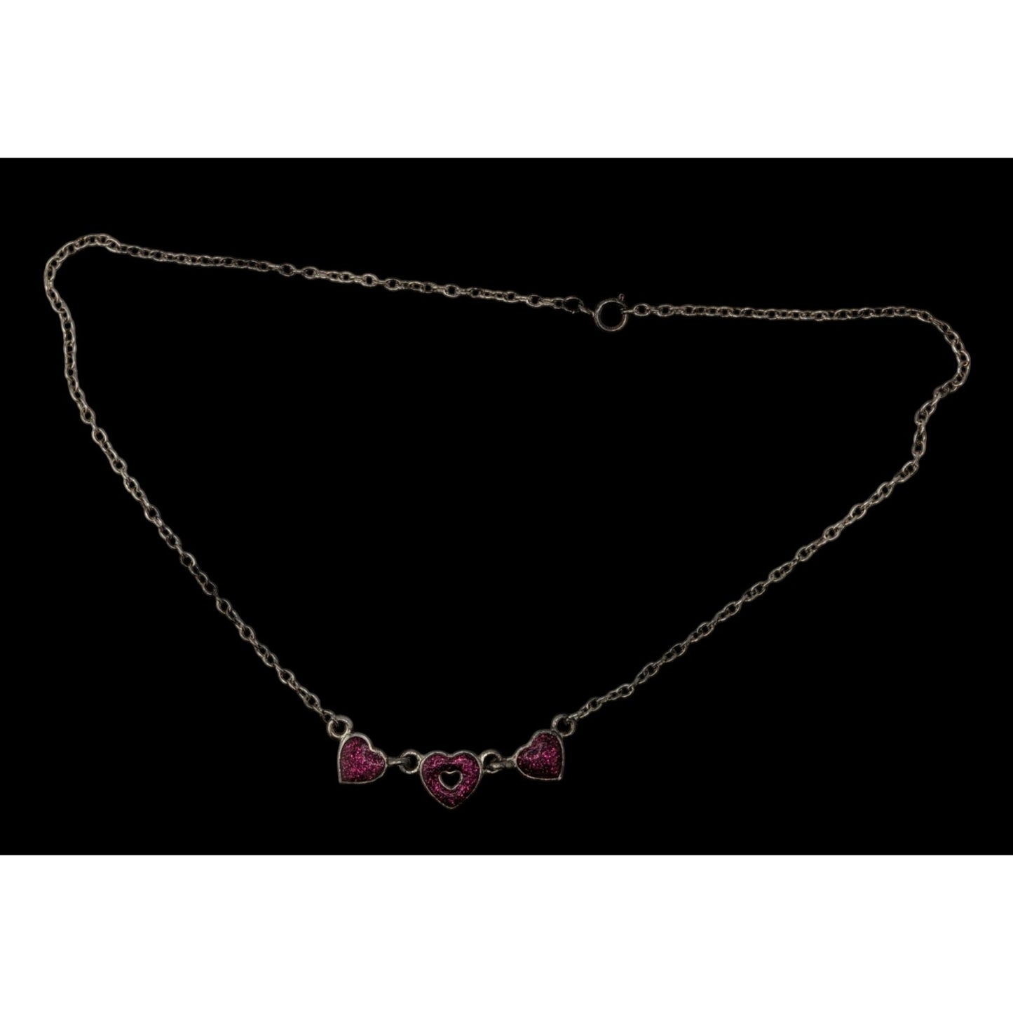 Y2K Triple Heart Charm Necklace Pink Glitter Enamel Silver Coquette Cute Kawaii