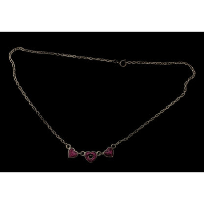 Y2K Triple Heart Charm Necklace Pink Glitter Enamel Silver Coquette Cute Kawaii