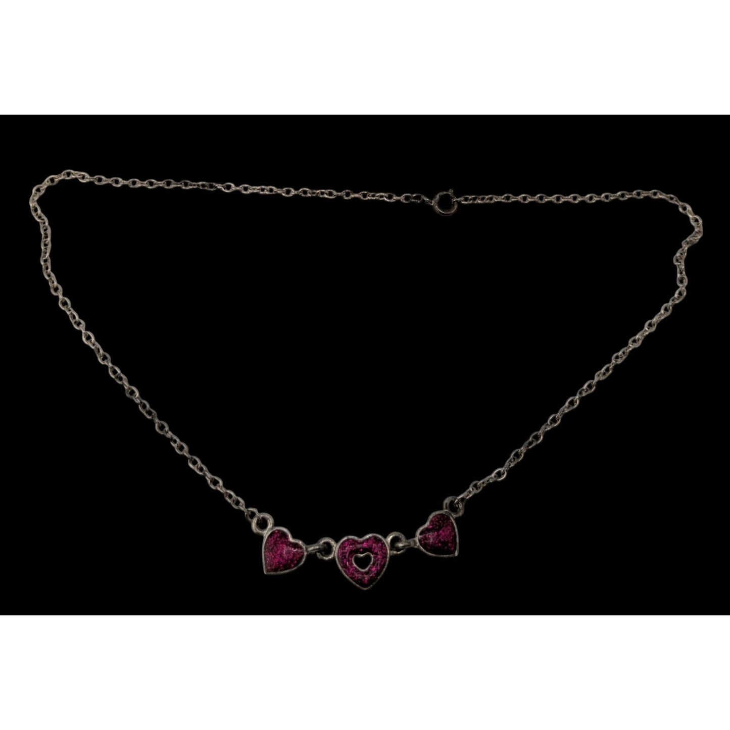 Y2K Triple Heart Charm Necklace Pink Glitter Enamel Silver Coquette Cute Kawaii