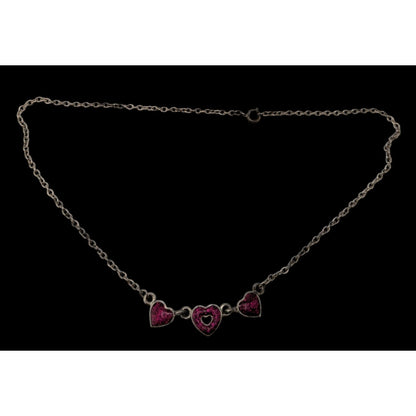 Y2K Triple Heart Charm Necklace Pink Glitter Enamel Silver Coquette Cute Kawaii