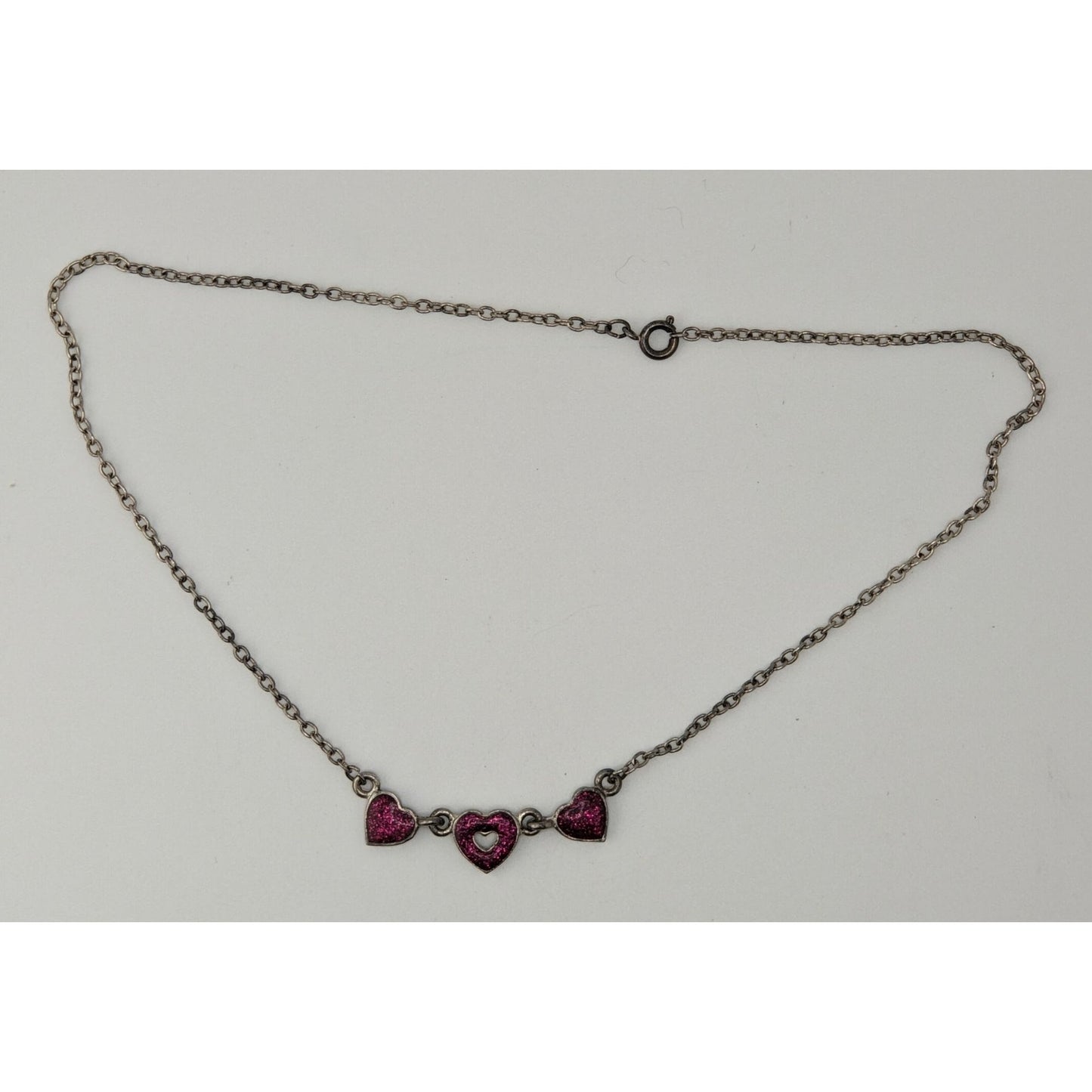 Y2K Triple Heart Charm Necklace Pink Glitter Enamel Silver Coquette Cute Kawaii