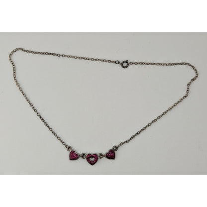 Y2K Triple Heart Charm Necklace Pink Glitter Enamel Silver Coquette Cute Kawaii