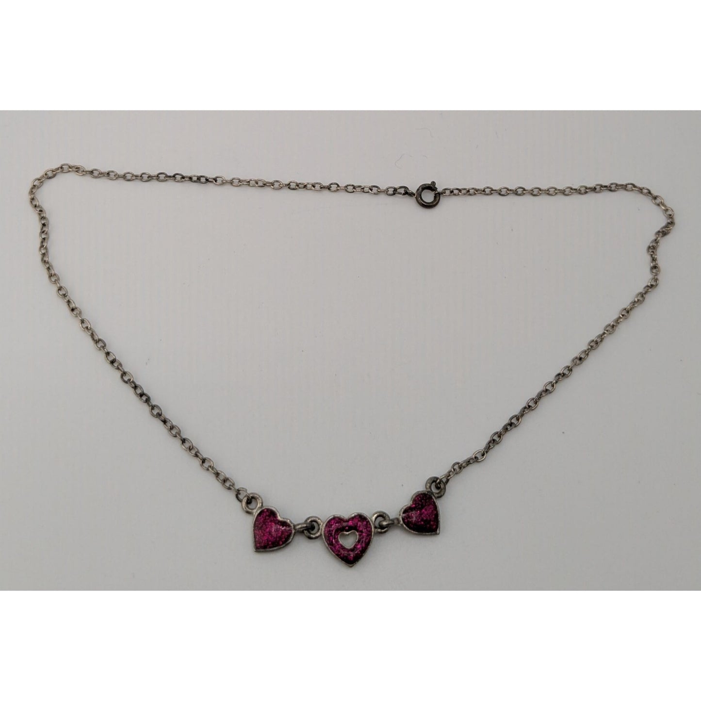 Y2K Triple Heart Charm Necklace Pink Glitter Enamel Silver Coquette Cute Kawaii