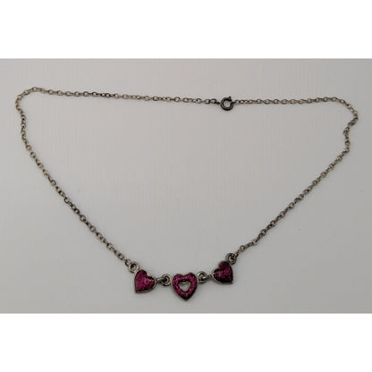 Y2K Triple Heart Charm Necklace Pink Glitter Enamel Silver Coquette Cute Kawaii