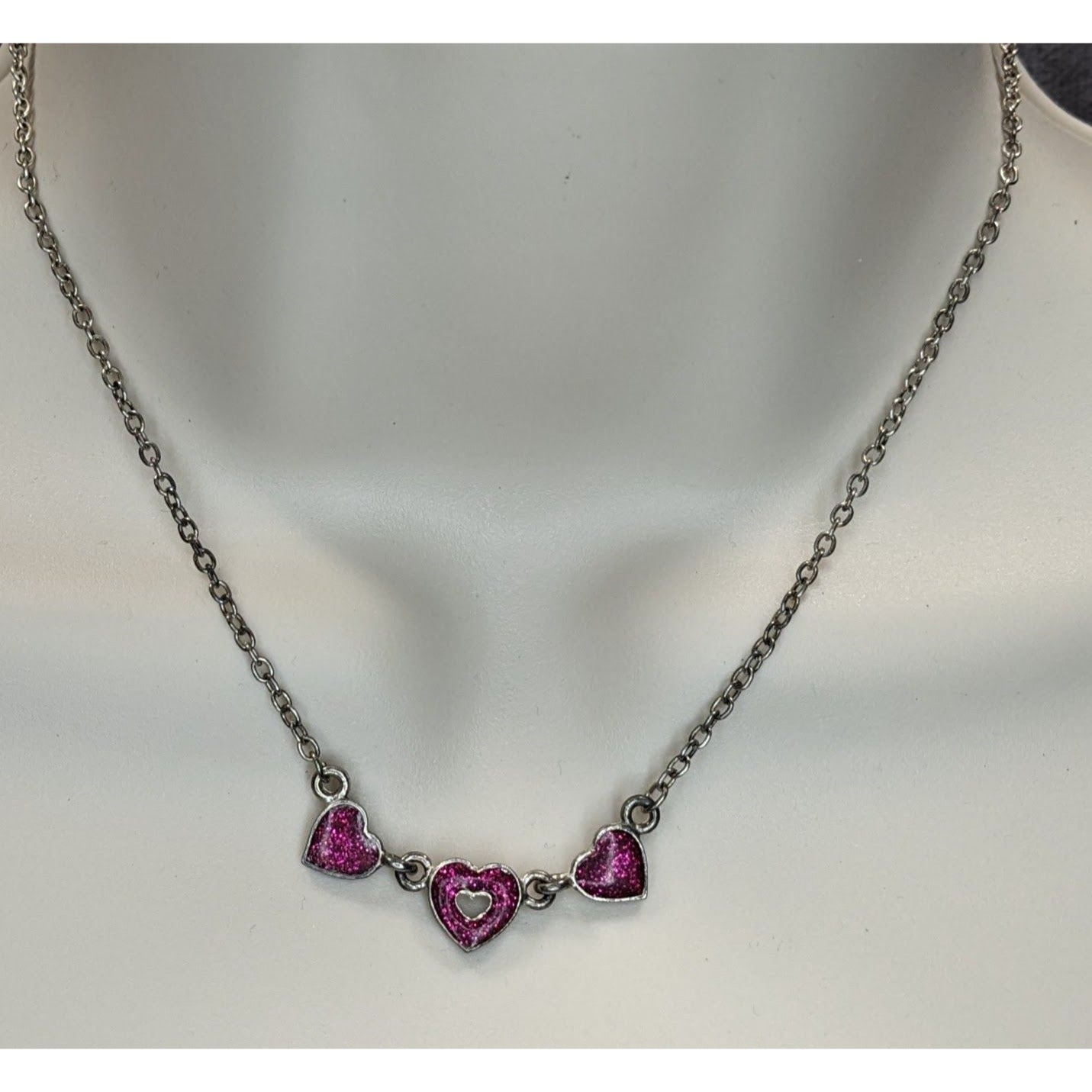 Y2K Triple Heart Charm Necklace Pink Glitter Enamel Silver Coquette Cute Kawaii