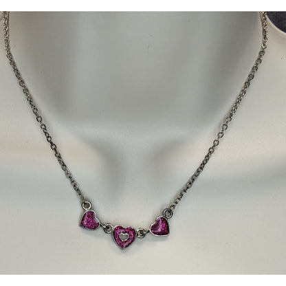 Y2K Triple Heart Charm Necklace Pink Glitter Enamel Silver Coquette Cute Kawaii