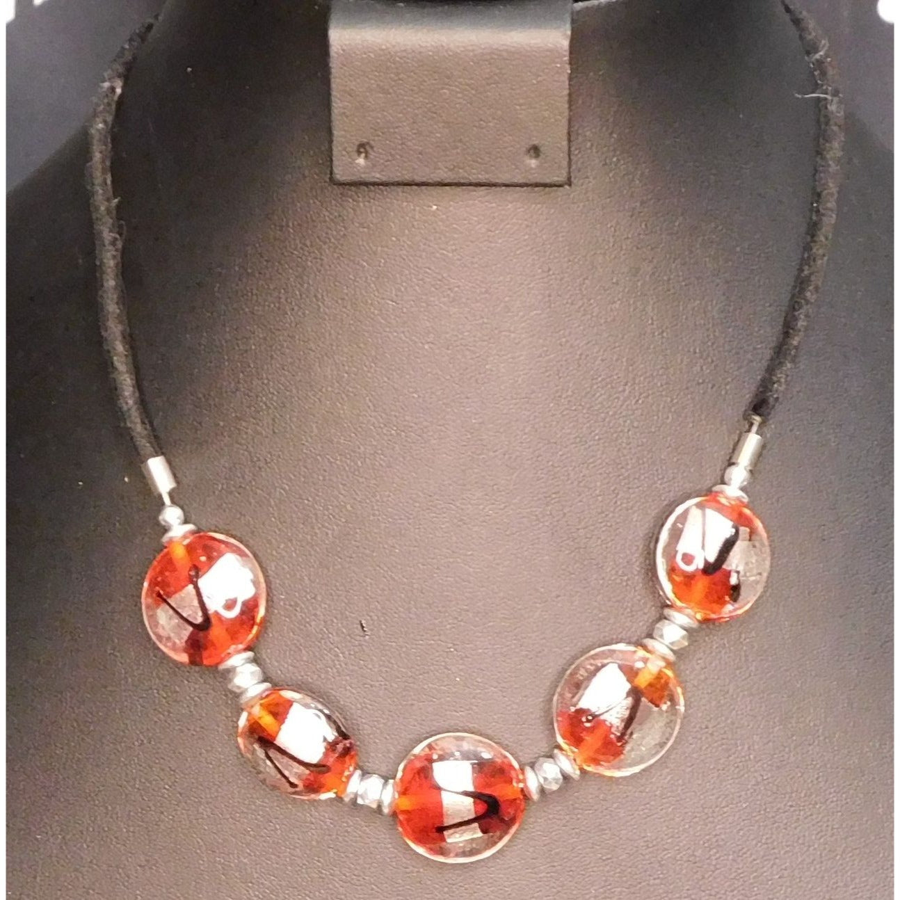 Lamp Work Glass Red Black And Silver ToneNecklace