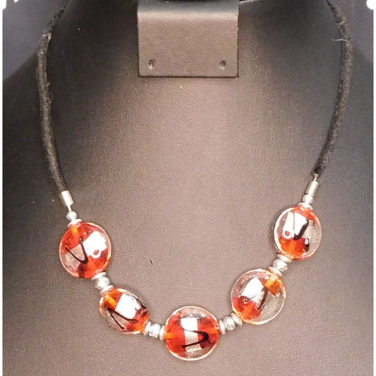Lamp Work Glass Red Black And Silver ToneNecklace