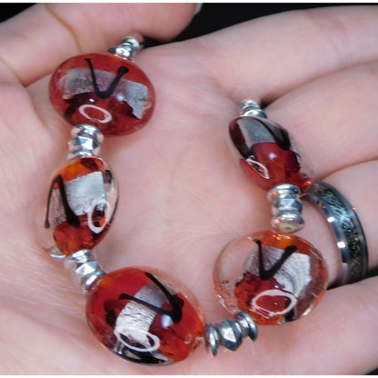 Lamp Work Glass Red Black And Silver ToneNecklace