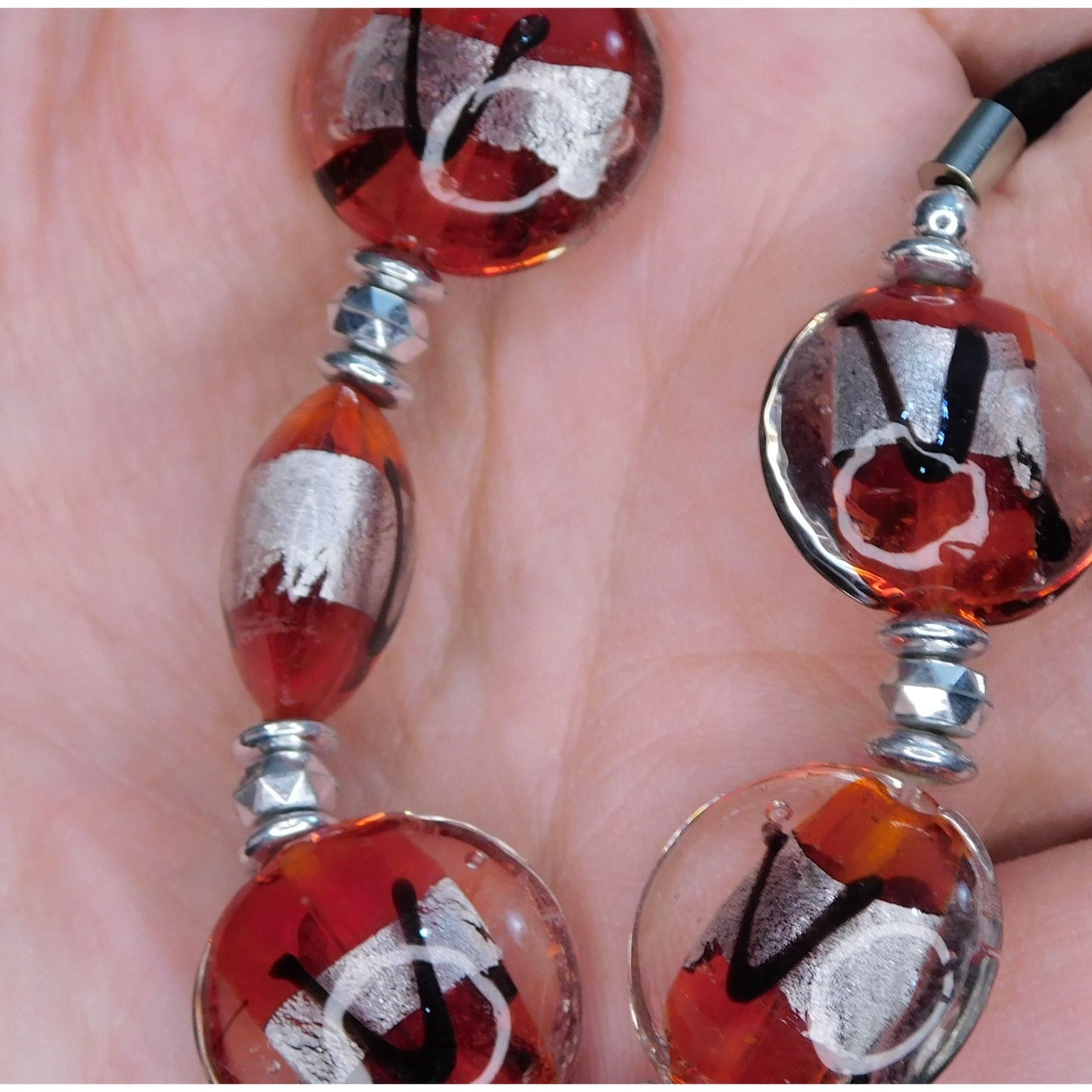 Lamp Work Glass Red Black And Silver ToneNecklace