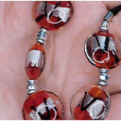Lamp Work Glass Red Black And Silver ToneNecklace