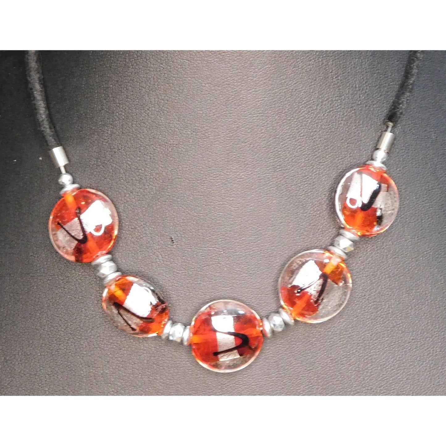 Lamp Work Glass Red Black And Silver ToneNecklace
