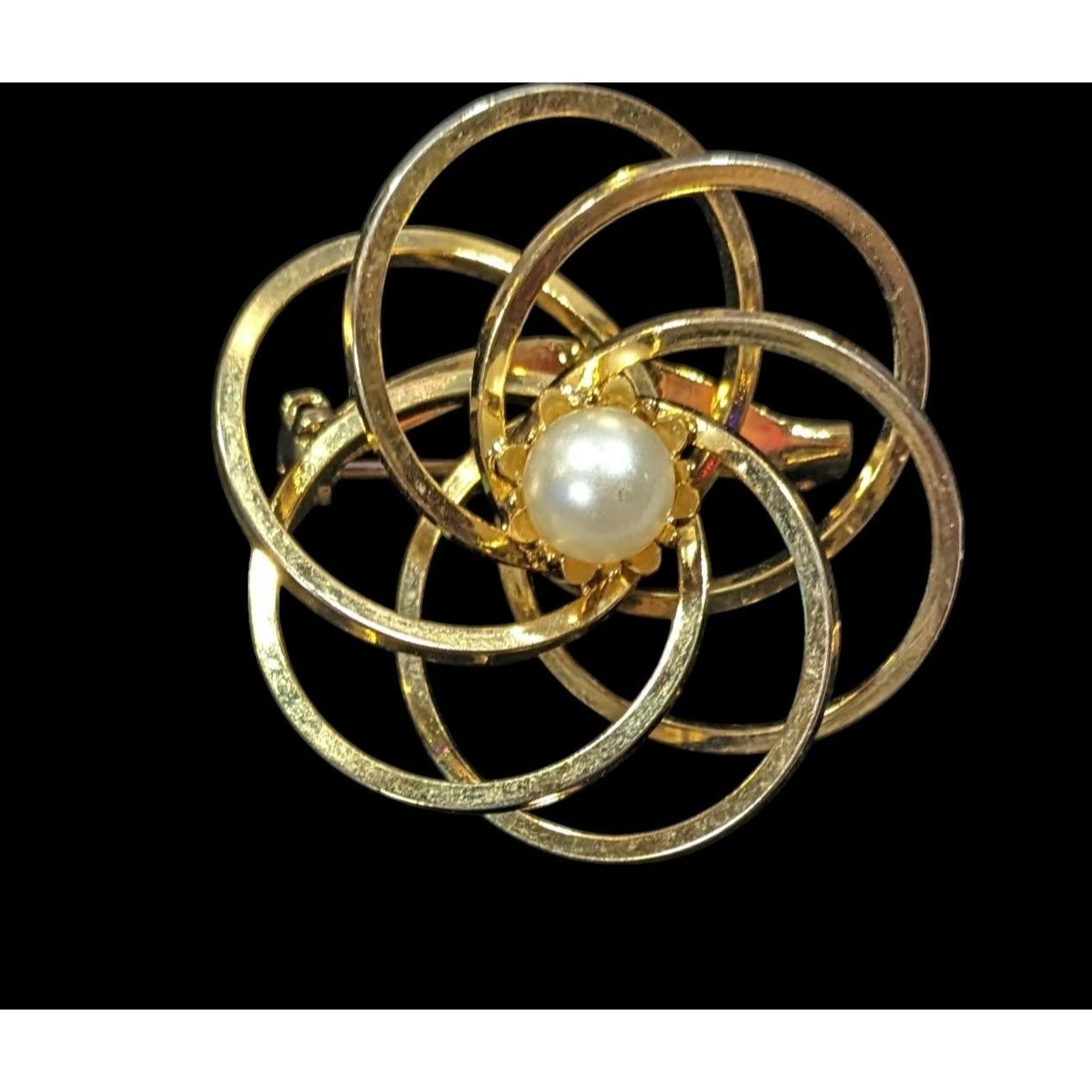 Vintage Atomic Swirl Floral Brooch With Faux Pearl Accent