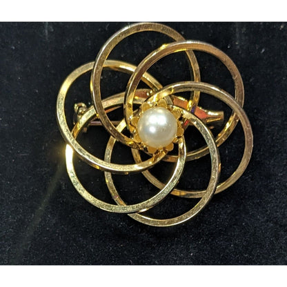 Vintage Atomic Swirl Floral Brooch With Faux Pearl Accent