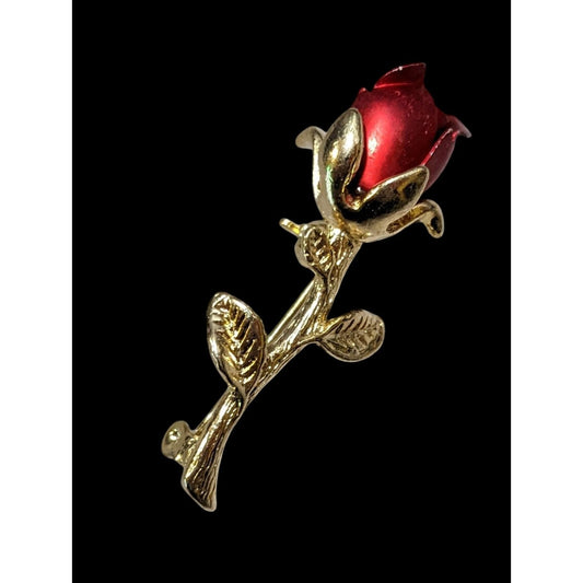 Vintage Romantic Gold Tone And Red Metal Rose Brooch