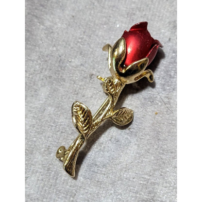 Vintage Romantic Gold Tone And Red Metal Rose Brooch