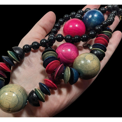 Vintage Rainbow Stained Wood Beaded Necklace