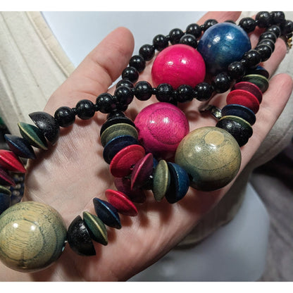 Vintage Rainbow Stained Wood Beaded Necklace