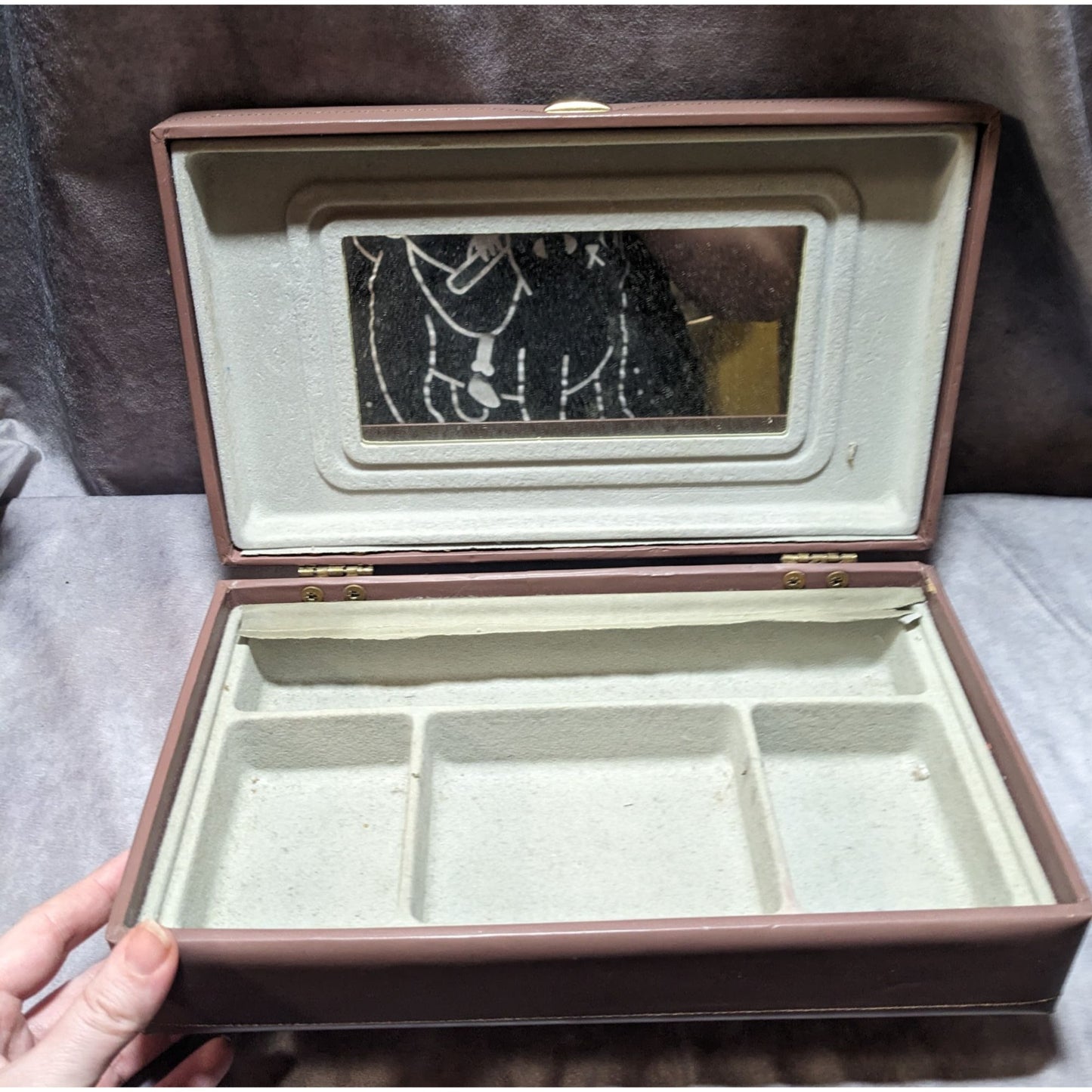 Vintage Tan Faux Leather Hinged Jewelry Box