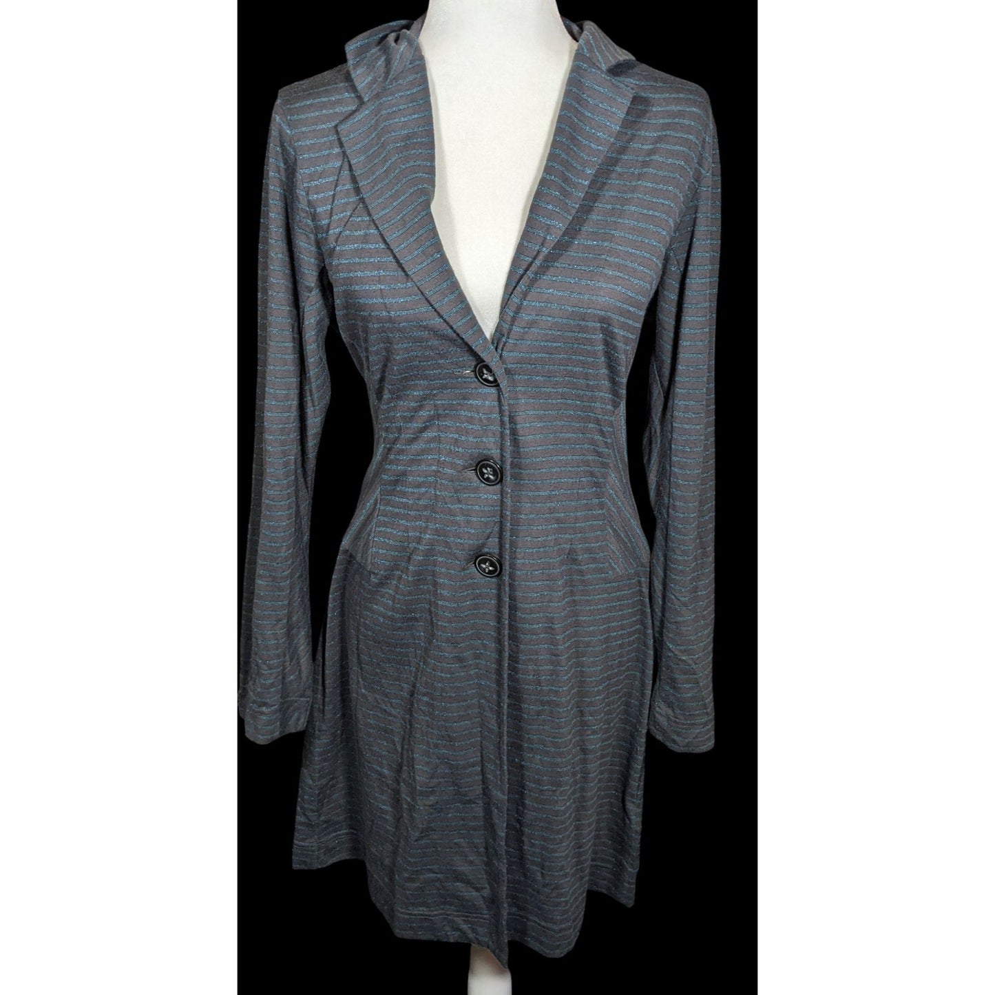 Sandwich_ Dark Grey And Metallic Blue Striped Button Up Sweater