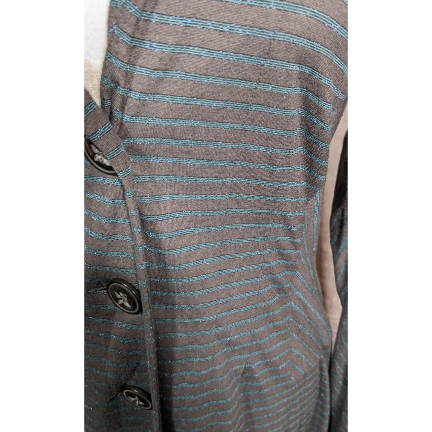 Sandwich_ Dark Grey And Metallic Blue Striped Button Up Sweater
