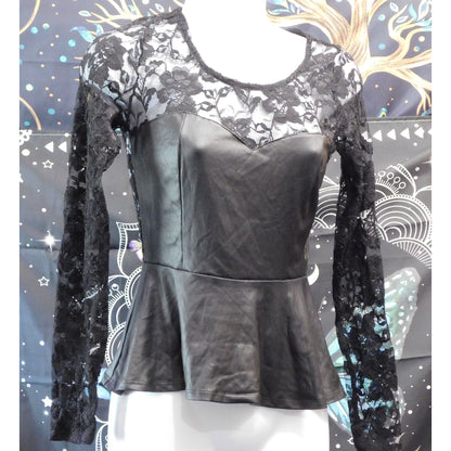 Gothic Faux Leather And Lace Black Peplum Top