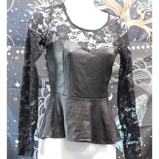 Gothic Faux Leather And Lace Black Peplum Top