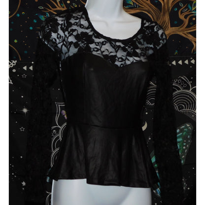 Gothic Faux Leather And Lace Black Peplum Top