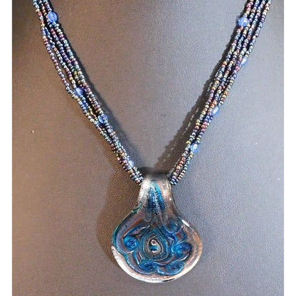 Mermaidcore Swirly Blue Glass Pendant Necklace With Oil Slick Beads
