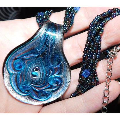Mermaidcore Swirly Blue Glass Pendant Necklace With Oil Slick Beads