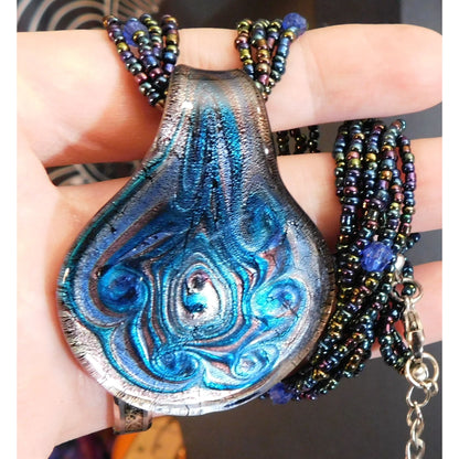 Mermaidcore Swirly Blue Glass Pendant Necklace With Oil Slick Beads