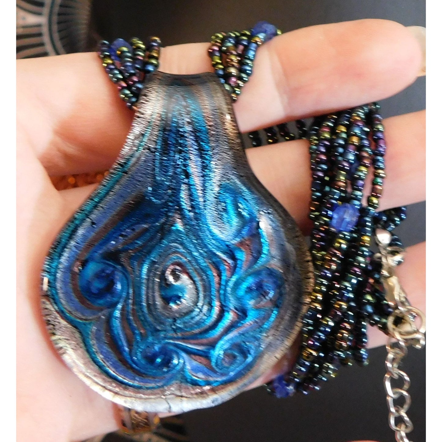 Mermaidcore Swirly Blue Glass Pendant Necklace With Oil Slick Beads