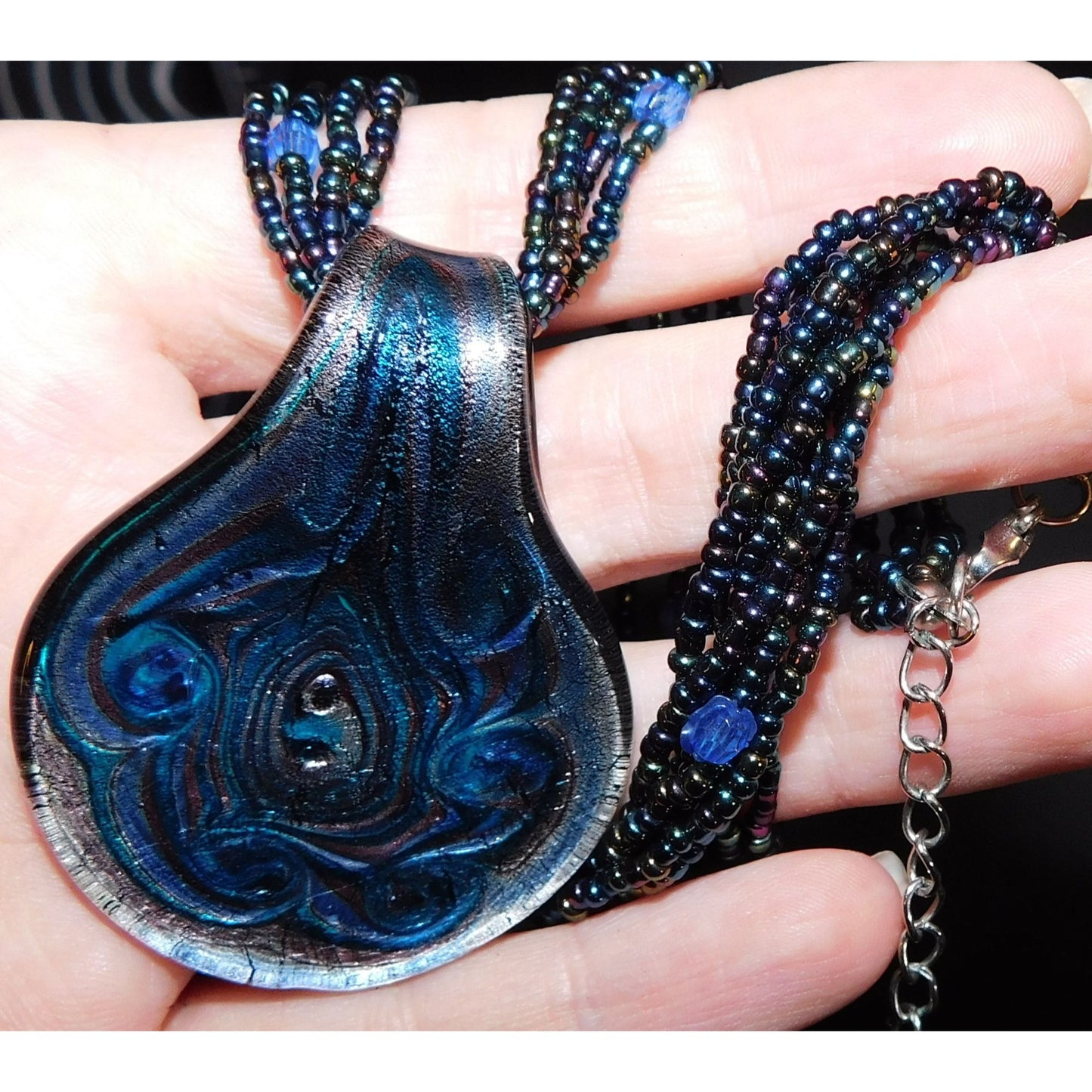 Mermaidcore Swirly Blue Glass Pendant Necklace With Oil Slick Beads