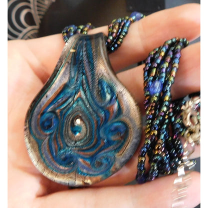 Mermaidcore Swirly Blue Glass Pendant Necklace With Oil Slick Beads