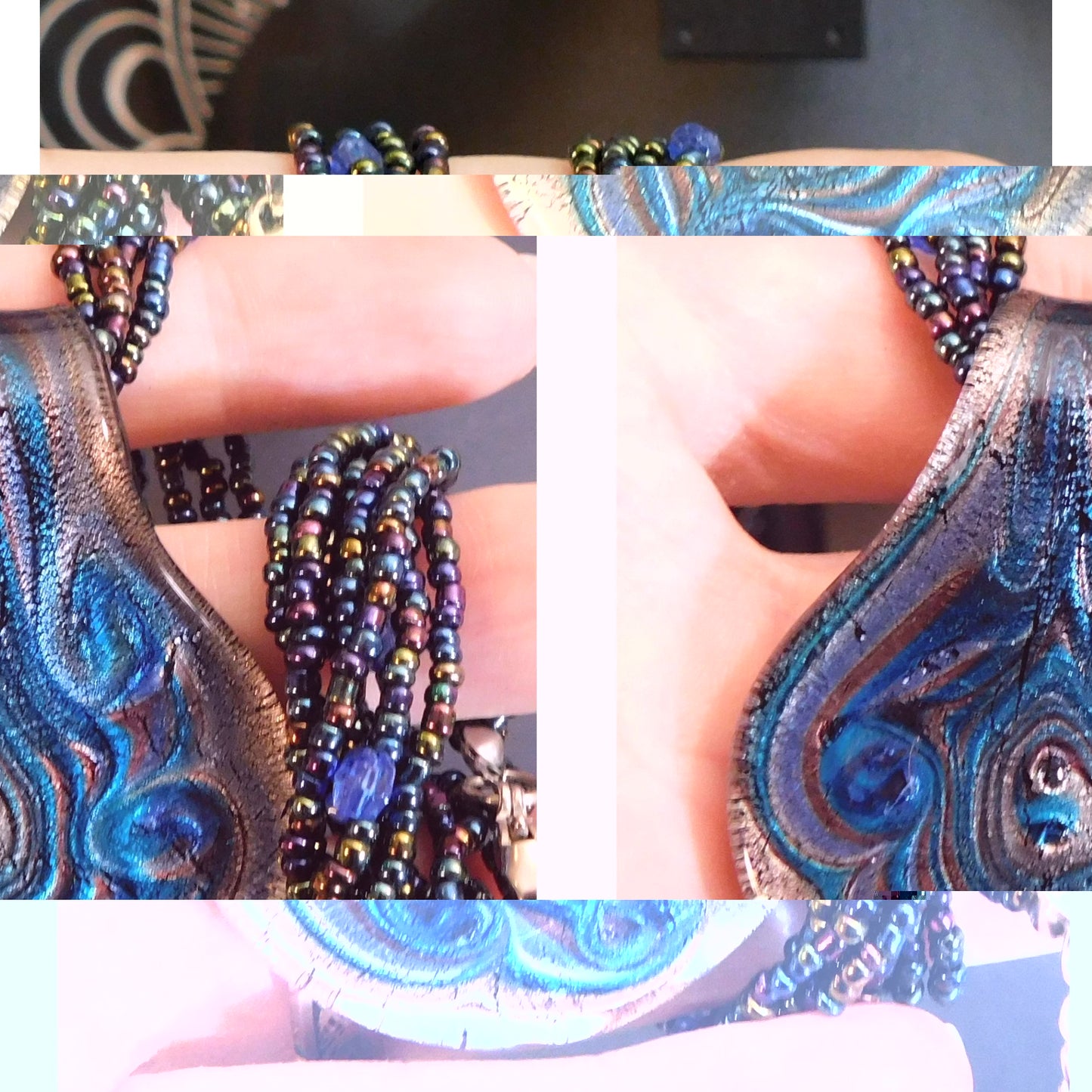 Mermaidcore Swirly Blue Glass Pendant Necklace With Oil Slick Beads