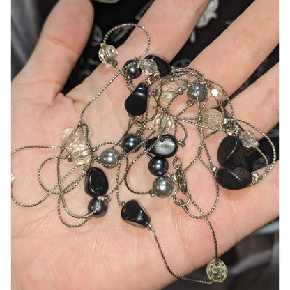 Goth Black Silver Beaded Long Station Necklace Layering Witchy Y2K
