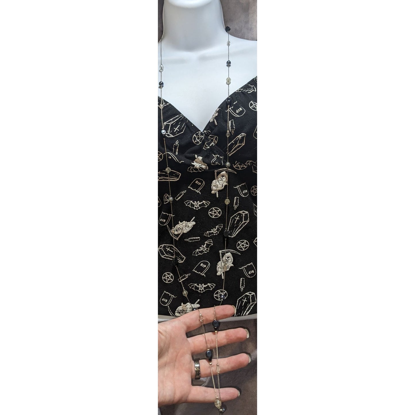 Goth Black Silver Beaded Long Station Necklace Layering Witchy Y2K