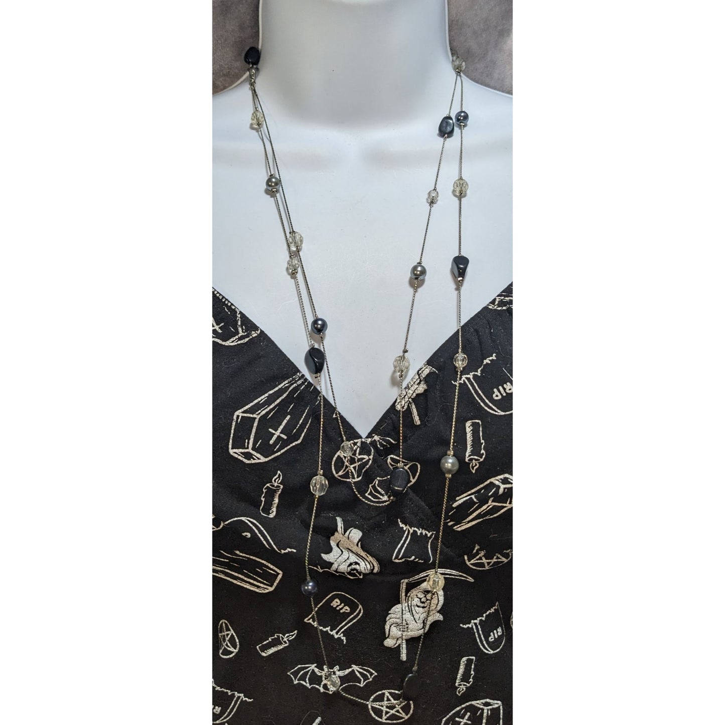 Goth Black Silver Beaded Long Station Necklace Layering Witchy Y2K