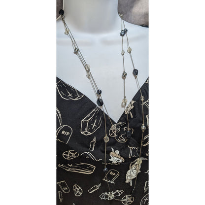 Goth Black Silver Beaded Long Station Necklace Layering Witchy Y2K