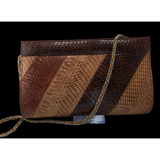 Vintage Patchwork Snakeskin Leather Clutch With Chain Strap